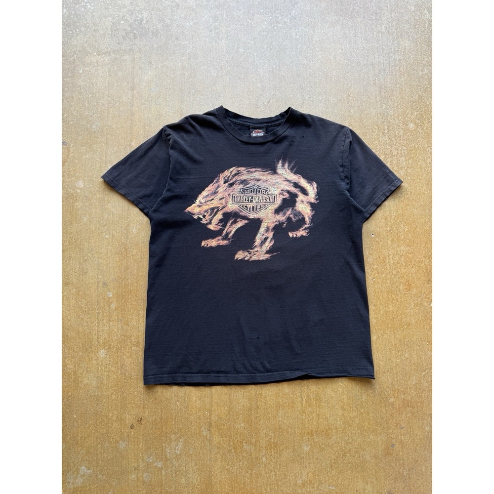 Harley Davidson Faded & Distressed Flames Wolf Minneapolis Biker Y2K T-Shirt (L)